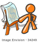 #34249 Clip Art Graphic Of An Orange Guy Character Wearing A Business Tie Standing In Front Of A Presentation Board With A Dollar Sign Puzzle During A Meeting