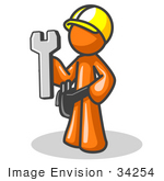 #34254 Clip Art Graphic Of An Orange Guy Character Construction Worker Holding A Wrench And Wearing A Hardhat And Toolbelt