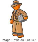 #34257 Clip Art Graphic Of An Orange Guy Character In A Trench Coat Carrying A Discovery Box