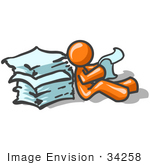 #34258 Clip Art Graphic Of An Orange Guy Character Sitting On The Floor And Going Through A Large Stack Of Papers At Work