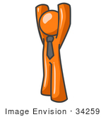 #34259 Clip Art Graphic Of An Orange Guy Character Wearing A Tie And Standing With His Arms High Above His Head