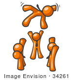 #34261 Clip Art Graphic Of Orange Guy Characters Tossing Their Team Mate High Into The Air While Celebrating