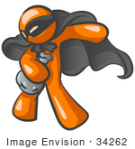 #34262 Clip Art Graphic Of An Orange Guy Character In A Black Mask And Bandit Cape Stealing A Bag Of Money