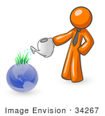 #34267 Clip Art Graphic Of An Orange Guy Character Using A Watering Can To Feed Sprouting Grass On Top Of A Blue Globe