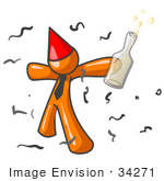 #34271 Clip Art Graphic Of An Orange Guy Character In A Red Party Hat Holding A Bottle Of Champagne And Partying In Confetti At A New Year’S Party
