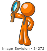#34272 Clip Art Graphic Of An Orange Guy Character In A Business Tie Holding Up A Magnifying Glass