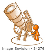 #34276 Clip Art Graphic Of An Orange Guy Character Astronomer Peering Through The Lens Of A Giant Telescope