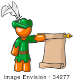 #34277 Clip Art Graphic Of An Orange Guy Character In A Robin Hood Costume Holding A Scrolled Parchment