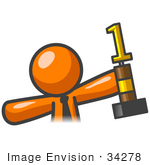 #34278 Clip Art Graphic Of An Orange Guy Character In A Business Tie Holding A First Place Trophy