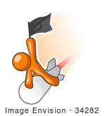 #34282 Clip Art Graphic Of An Orange Guy Character Waving A Flag And Flying Past On A Fast Rocket
