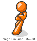 #34288 Clip Art Graphic Of An Orange Guy Character Slumped And Leaning Heavily Against A Wall While Thinking