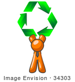 #34303 Clip Art Graphic Of An Orange Guy Character In A Business Tie Holding Green Recycle Arrows Above His Head