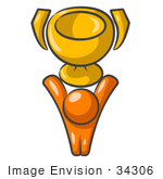 #34306 Clip Art Graphic Of An Orange Guy Character Displaying A Golden Trophy Cup Above His Head