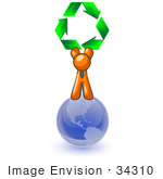 #34310 Clip Art Graphic Of An Orange Guy Character Holding Green Recycle Arrows Above His Head Standing On Top Of The Globe