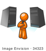 #34323 Clip Art Graphic Of An Orange Guy Character Standing In Front Of Powerful Computer Serer Towers