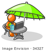 #34327 Clip Art Graphic Of An Orange Guy Character Working At A Patio Table On A Laptop