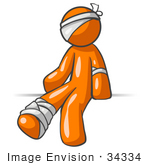 #34334 Clip Art Graphic Of An Orange Guy Character Injured And Bandaged On The Head Elbow And Ankle