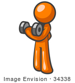 #34338 Clip Art Graphic Of An Orange Guy Character Working Out His Arm Muscles While Lifting Weights In The Gym