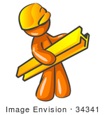 #34341 Clip Art Graphic Of An Orange Guy Character Carrying A Beam Through A Construction Site