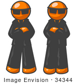 #34344 Clip Art Graphic Of Two Orange Guy Characters In Black Suits And Shades Standing Still With Their Arms Crossed