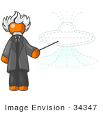 #34347 Clip Art Graphic Of An Orange Guy Albert Einstein Character Pointing To A Drawing Of A Ufo