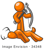 #34348 Clip Art Graphic Of An Orange Guy Character Holding A Bow And Arrow And Standing By A Dead Deer While Hunting