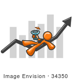 #34350 Clip Art Graphic Of An Orange Guy Character Drinking A Cocktail And Reclining On An Arrow Over A Bar Graph