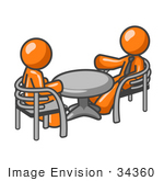 #34360 Clip Art Graphic Of An Orange Guy Character Having A Casual Discussion With A Friend At A Table