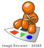 #34365 Clip Art Graphic Of An Orange Guy Character Sitting And Cutting Shapes Out Of A Sheet Of Paper
