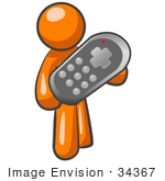 #34367 Clip Art Graphic Of An Orange Guy Character Holding An Oversized Remote Control