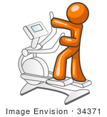 #34371 Clip Art Graphic Of An Orange Guy Character Getting Exercise On An Eliptical Trainer In A Fitness Gym