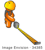 #34385 Clip Art Graphic Of An Orange Guy Character Crouching And Reading A Tape Measure