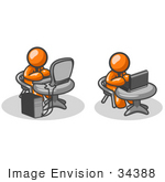 #34388 Clip Art Graphic Of Orange Guy Characters Working At Different Tables One With A Laptop One With A Desktop Computer