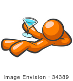 #34389 Clip Art Graphic Of An Orange Guy Character Lying Down And Holding Up A Blue Cocktail