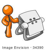 #34390 Clip Art Graphic Of An Orange Guy Character Wearing A Business Tie And Standing By A Rotary Card File
