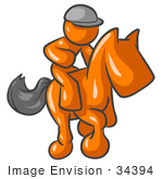 #34394 Clip Art Graphic Of An Orange Guy Character Jockey Racing On A Horse