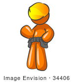 #34406 Clip Art Graphic Of An Orange Guy Character Waving And Wearing A Hardhat And Toolbelt