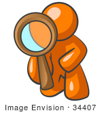 #34407 Clip Art Graphic Of An Orange Guy Character Kneeling To Inspect Something Through A Magnifying Glass