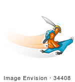 #34408 Clip Art Graphic Of An Orange Guy Character Holding Up A Sword And Speeding Past On A Magic Carpet