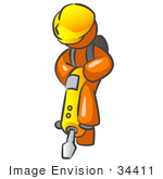 #34411 Clip Art Graphic Of An Orange Guy Character Standing On A Jackhammer While Doing Road Construction
