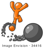 #34416 Clip Art Graphic Of An Orange Guy Character Leaping Away From A Ball And Chain