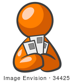 #34425 Clip Art Graphic Of An Orange Guy Character Holding Three Envelopes Or Coupons