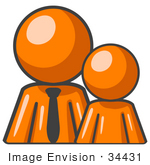 #34431 Clip Art Graphic Of An Orange Guy Character In A Business Tie Standing Behind His Child
