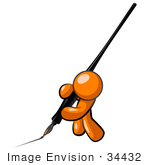 #34432 Clip Art Graphic Of An Orange Guy Character Writing A Letter With A Large Ink Pen