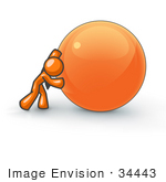 #34443 Clip Art Graphic Of An Orange Guy Character Struggling To Push A Large Ball
