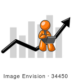 #34450 Clip Art Graphic Of An Orange Guy Character Working On A Laptop And Riding Upwards On An Arrow Over A Bar Graph