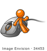 #34453 Clip Art Graphic Of An Orange Guy Character Waving And Leaning Against A Computer Mouse