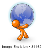 #34462 Clip Art Graphic Of An Orange Guy Character Carrying A Heavy Blue Globe