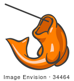#34464 Clip Art Graphic Of An Orange Fish Jumping On A Fishing Line