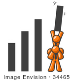 #34465 Clip Art Graphic Of An Orange Guy Character Lifting His Business Partner To Hold Up The Tallest Line On A Bar Graph